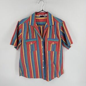 Vintage Essential Rainbow Stripe Cotton Blend Button Up Shirt Multicolor Size 12